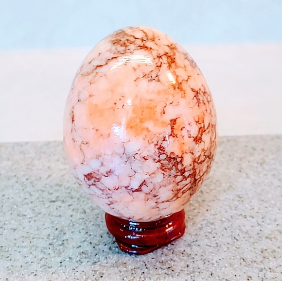 ITALIAN MARBLE PEACH & BROWN TIGER STRIPED EGG 1960s ITALY MADE WITH WOOD STAND - Picture 3 of 7